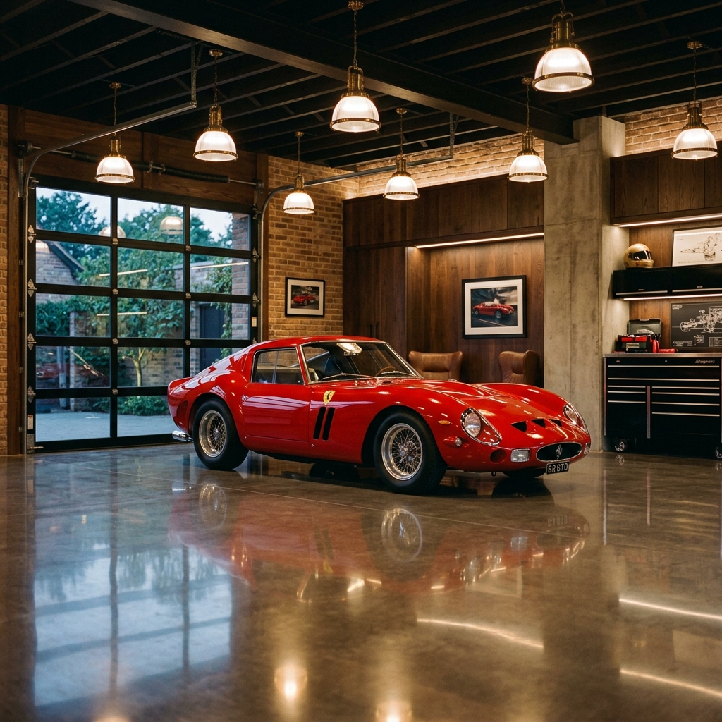 A luxury modern garage with polished concrete floors reflecting warm pendant lights, showing a parked classic red vintage sports car, high detail, retro aesthetic, realistic photography, no people