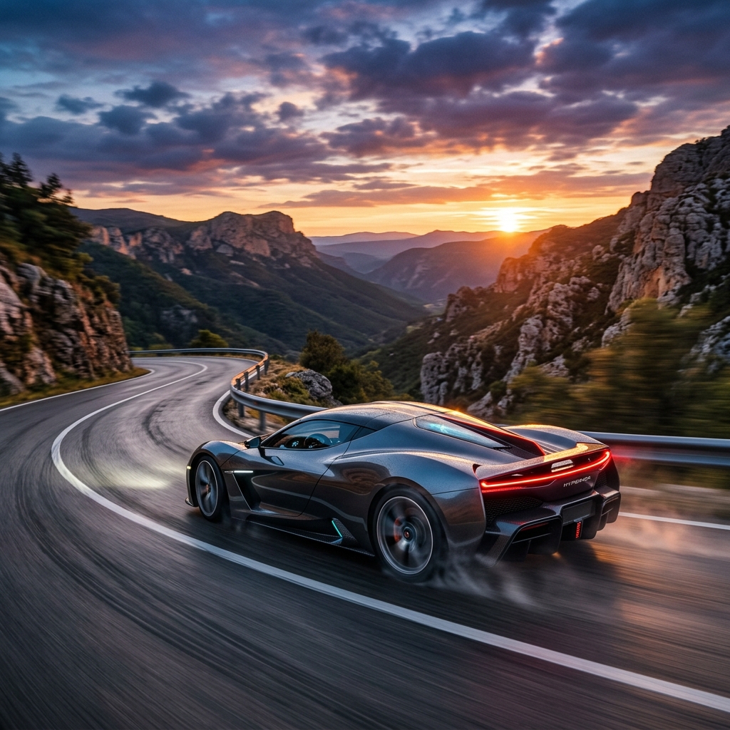 A futuristic sleek hybrid supercar accelerating on a winding scenic mountain road at sunset, motion blur, dramatic lighting, high fidelity, 8k resolution, realistic automotive photography, no people